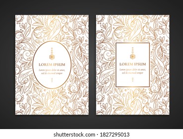 Invitation cards with golden leaves pattern. Vintage ornament template. Can be used for background and wallpaper. Elegant and classic vector elements great for decoration.