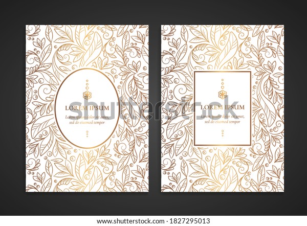 Invitation cards with\
golden leaves pattern. Vintage ornament template. Can be used for\
background and wallpaper. Elegant and classic vector elements great\
for decoration.