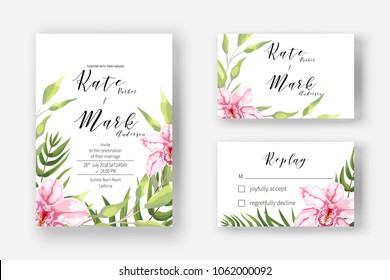 Invitation cards for marriage, rsvp reply with blooming pink orchid leaves, branch, greenery. Wedding invite template with watercolor blossom branch of pink flowers. 