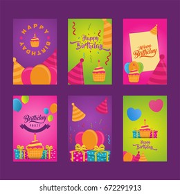 Invitation cards to the party. Banners with cake, balloons, gifts. Happy Birthday Set Collection greeting templates, set birthday collection.