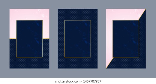 invitation cards pink marble blue dots  luxury gold texture background and geometric pattern vector design template