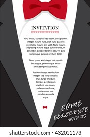 Invitation Cards with red bow tie, elegant suit and tuxedo. vector illustration.