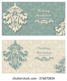 Invitation Cards set with antique, luxury vintage damask ornament frame, floral wallpaper ornaments. Baroque style booklet, fashion pattern, template for design