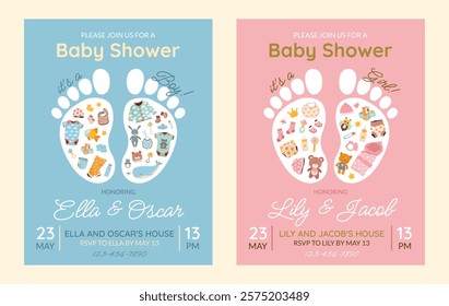 Invitation cards set for baby shower or birthday party. It's a girl. It's a boy. Isolated vertical postcard templates with footprints, baby essentials and text on background. Festive vector cards.