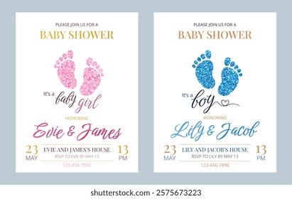 Invitation cards set for a baby shower, birthday, gender reveal party. It's a Girl. It's a Boy. Isolated vertical postcard templates with footprints, pink and blue glitter, text. Vector illustrations.