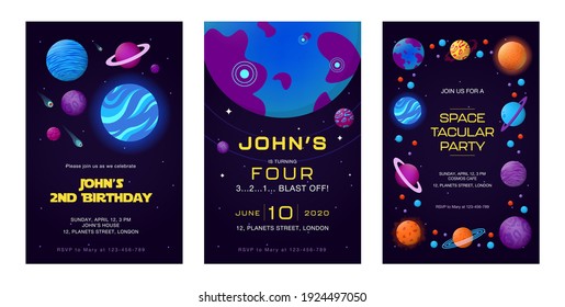 Invitation cards set with open space theme. Planets, orbits, comets, asteroids, stars vector illustrations with text. Science fiction club, cosmos concept for birthday party flyers and posters design