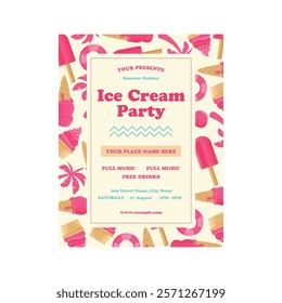 Invitation cards set with sweets. Ice cream, macaroons, birthday cupcakes vector illustrations with text, time, date. Celebration and dessert concept for flyers and announcement posters design