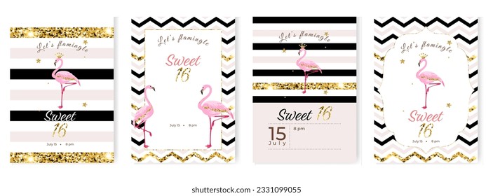 Invitation cards set template for celebrating 16th anniversary event party with flamingos, glitters and stars. Vector illustration