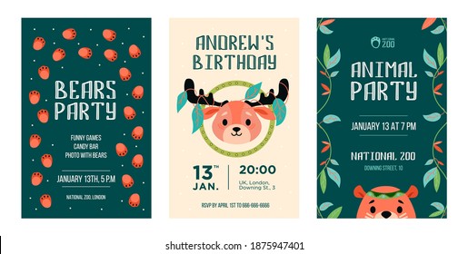 Invitation cards set with wild animals. Friendly cartoon reindeer, bear with decoration in boho style. Vector illustrations with text, time, date. Wildlife concept for party flyers and posters design