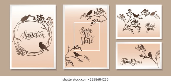 Tarjetas de invitación al estilo primavera con silueta de ramas y pájaros floridos. Ilustración vectorial.