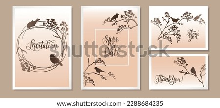 Invitation cards in spring style with silhouette of flowering branches and birds. Vector illustration.