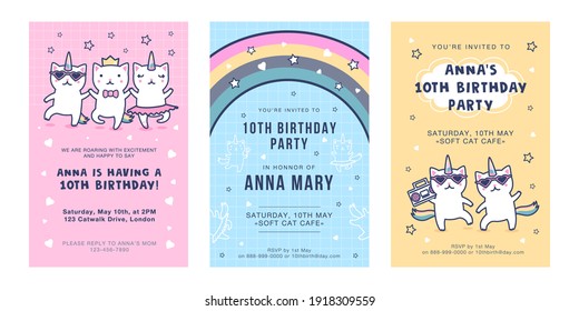 Invitation cards with unicorn cats set. Cute dancing baby caticorns with rainbow tails having fun vector illustrations with text. Birthday party concept for flyers and postcards design