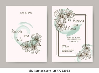 Invitation cards with watercolor backgrounds, flowers in a line, frames. Botanical lineart illustration, for wedding invitations, postcards, logo design, websites, social networks and poster templates