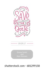 Invitation cards for wedding with calligraphy lettering words save the date.