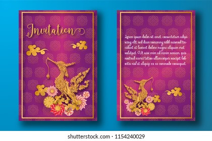 invitation card.Thailand ancient Luxury concept.Kinnaree or Phoenix Fairy tale bird.Thai traditional style.vector illustration for Travel in Thailand.poster,greeting card, ,flyer,brochure,other use