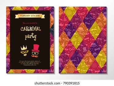 Invitation for Carnival Party - two sided cards with funny masks. Vector.