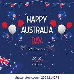 Invitación para celebrar el 26 de enero, el día nacional oficial de Australia. Invitación para la celebración del Día de Australia, con decoraciones de globos, confeti, banderas australianas.