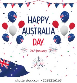 Invitación para celebrar el 26 de enero, el día nacional oficial de Australia. Invitación para la celebración del Día de Australia, con decoraciones de globos, confeti, banderas australianas.