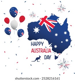 Invitación para celebrar el 26 de enero, día nacional oficial de Australia. Invitación para la celebración del Día de Australia, con mapa, canguro, fuegos artificiales, globos y bandera australiana.