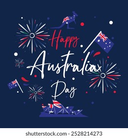 Invitación para celebrar el día nacional oficial de Australia. Celebración del Día de Australia, con decoraciones de confeti, canguro, banderas australianas, la Ópera de Sydney y fuegos artificiales.