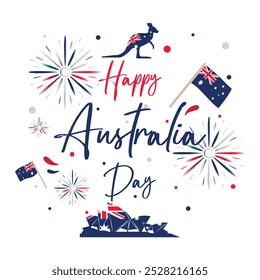 Invitación para celebrar el día nacional oficial de Australia. Celebración del Día de Australia, con decoraciones de confeti, canguro, banderas australianas, la Ópera de Sydney y fuegos artificiales.