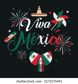 Invitation to celebrate on September 15 the commemoration of the cry of independence and shout Viva Mexico with traditional decorations of Mexican culture.