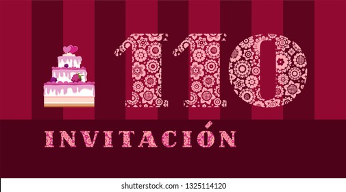 Invitation to the celebration, 110 years, berry cake, Spanish, vector. Color card with the number 110. The inscription in Spanish "invitation". Invitation to the anniversary, birthday, holiday. 