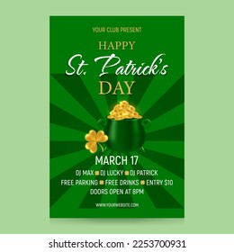 Invitation to the celebration of St. Patrick's Day on March 17 at the club. Festive design for advertising banner, invitation, poster. Cauldron with gold coins, text on a green background. Vector.