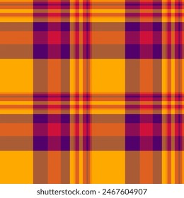 Vector de control de invitación sin costura, patrón textil de textura de mantel. Tejido a cuadros de fondo escocés en colores naranja y violeta.