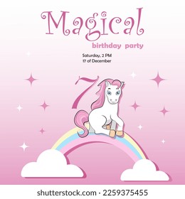 Invitation to the children's birthday of a girl of 7 year old. A pony with a pink mane, a rainbow and clouds. Vector illustration with pink gradient