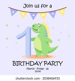 Invitation to a children's birthday party with a cute dinosaur	
