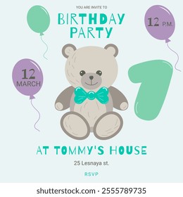Invitation childrens birthday party with cute bear boy with bow and number. Celebration First birthday. Greeting card template for children. Vector illustration.