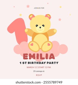 Invitation childrens birthday party with cute bear and number. 1st birthday. Celebration First birthday. Greeting card template for children. Vector illustration.
