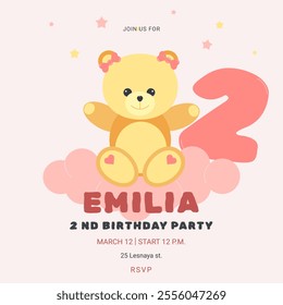 Invitation childrens birthday party with cute bear and number. Celebration 2nd birthday. Greeting card template for children. Vector illustration.