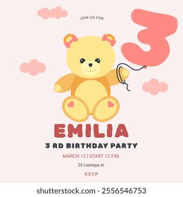Invitation childrens birthday party with cute bear and number. Celebration 3rd birthday. Greeting card template for children. Vector illustration.