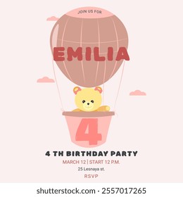 Invitation childrens birthday party with cute bear and number. Celebration fourth birthday. Greeting card template for children. Vector illustration.