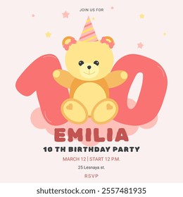 Invitation childrens birthday party with cute bear and number. Celebration tenth birthday. Greeting card template for children. Vector illustration.