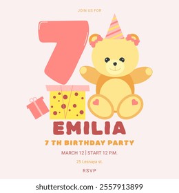 Invitation childrens birthday party with cute bear and number. Celebration seventh birthday. Gift boxes. Greeting card template for children. Vector illustration.