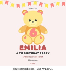 Invitation childrens birthday party with cute bear and number. Celebration 6th birthday. Greeting card template for children. Vector illustration.