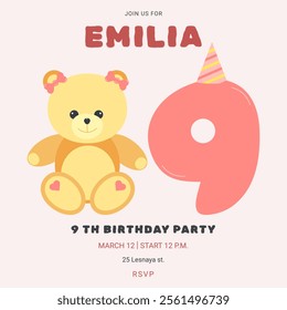 Invitation childrens birthday party with cute bear and number. Celebration ninth birthday. Greeting card template for children. Vector illustration.