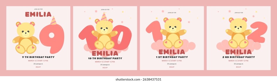 Invitation childrens birthday party cute bear and number set. Celebration First birthday. Greeting card template for children. Vector illustration.