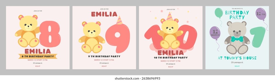 Invitation childrens birthday party cute bear and number set. Celebration First birthday. Greeting card template for children. Vector illustration.