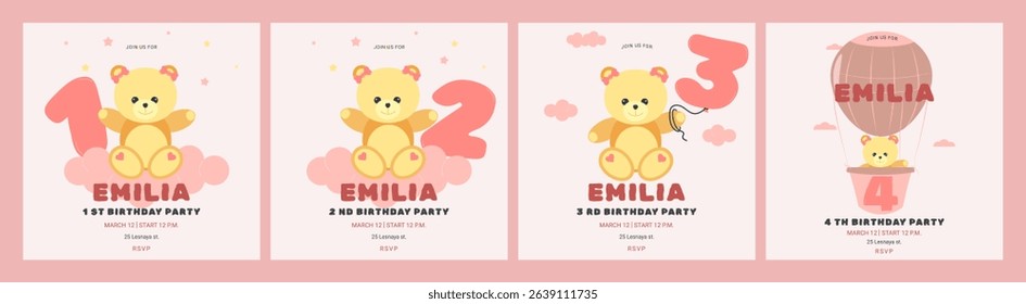 Invitation childrens birthday party cute bear and number set. Celebration First birthday. Greeting card template for children. Vector illustration.