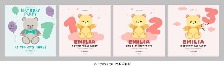 Invitation childrens birthday party cute bear and number set. Celebration First birthday. Greeting card template for children. Vector illustration.