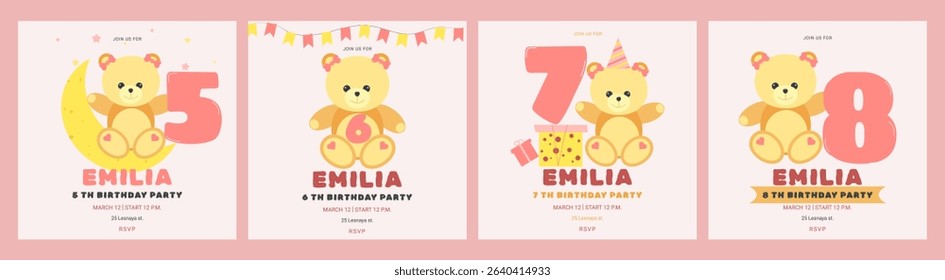 Invitation childrens birthday party cute bear and number set. Celebration First birthday. Greeting card template for children. Vector illustration.