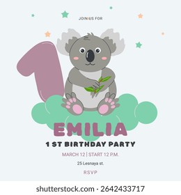 Invitation childrens birthday party with cute koala and number. Celebration First birthday. Greeting card template for children. Vector illustration.