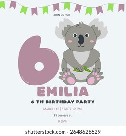 Convite crianças festa de aniversário com coala bonito e número. Celebração do sexto aniversário. Modelo de cartão de mensagem para crianças. Ilustração vetorial.