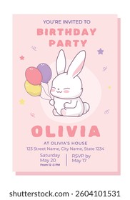 Invitation to a children's birthday party with a funny kawaii rabbit
