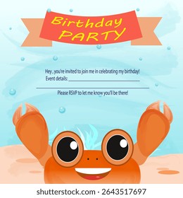 an invitation to a children's birthday party in a sea crab style on the background of the seabed with the words children's party and an invitation text