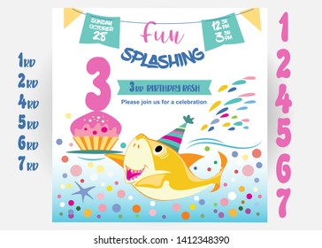 Invitation childrens holiday. Cute shark, sea fish, baby illustration